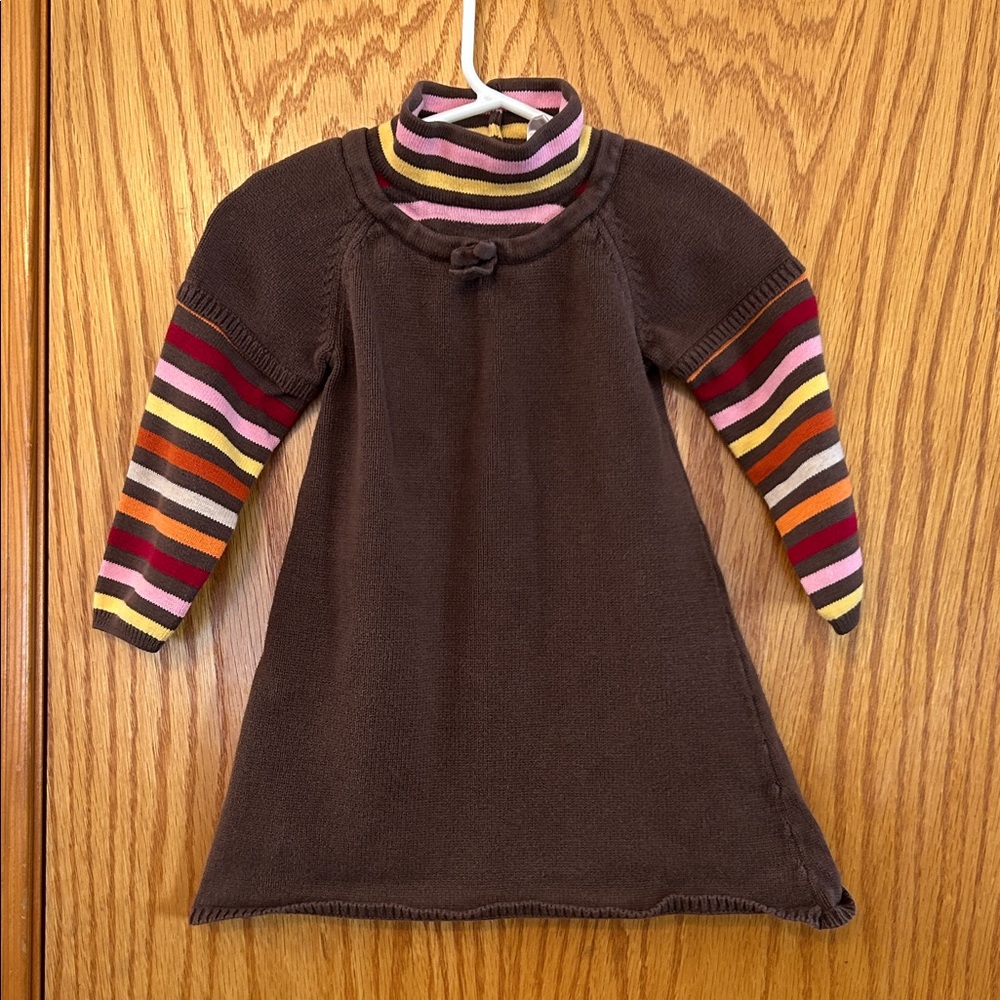 Girls Brown Knit Dress with Colorful Striped Sleeves